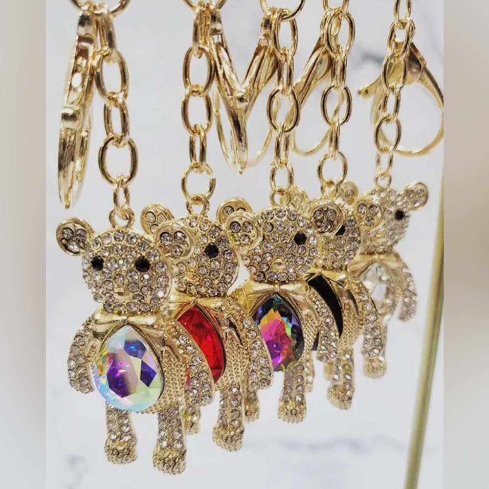 Shiny Stone Bear Keychain….Metal Coating…Various Colors